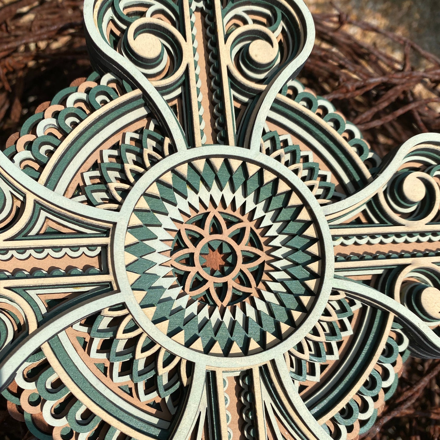 Green Mandala Wood Cross