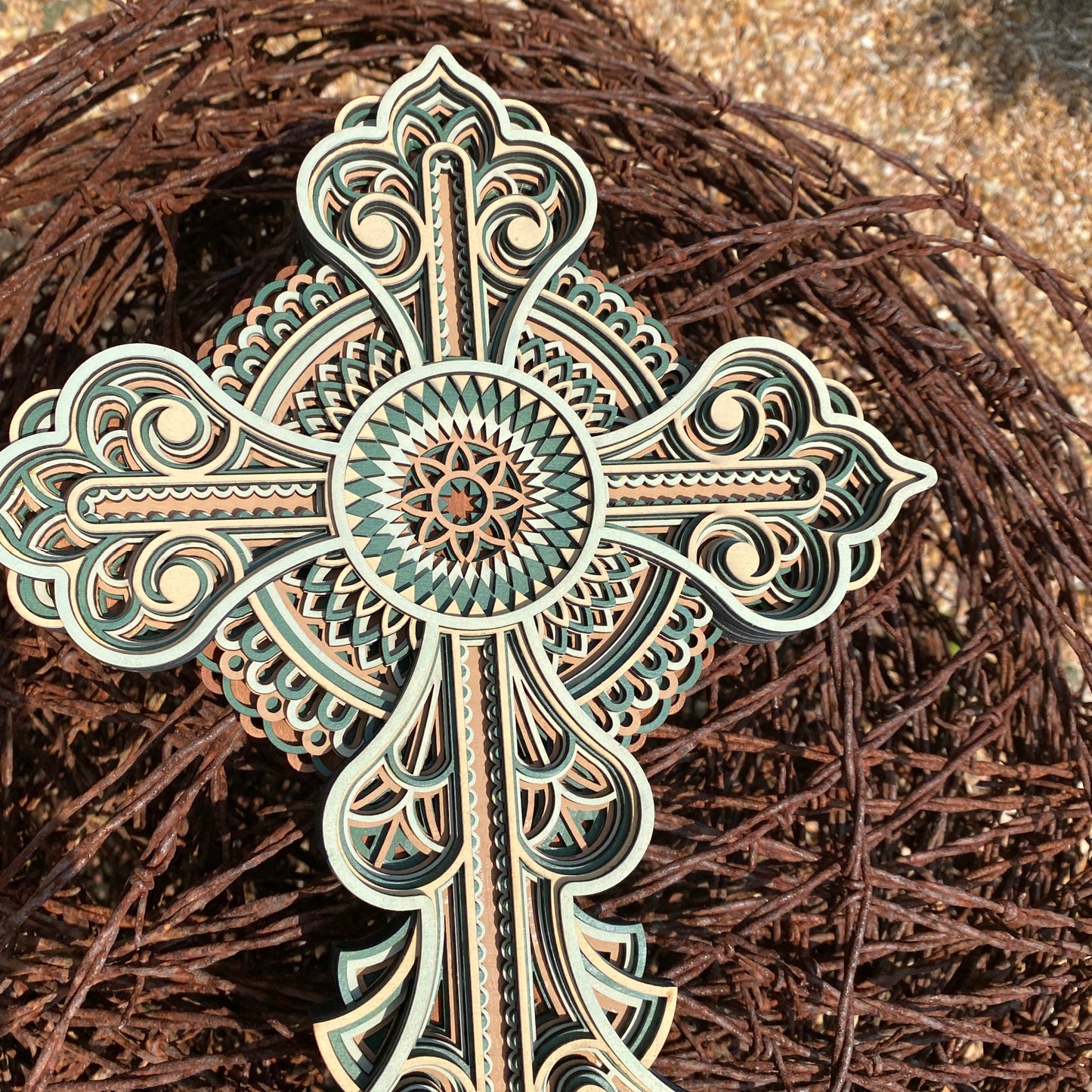 Green Mandala Wood Cross