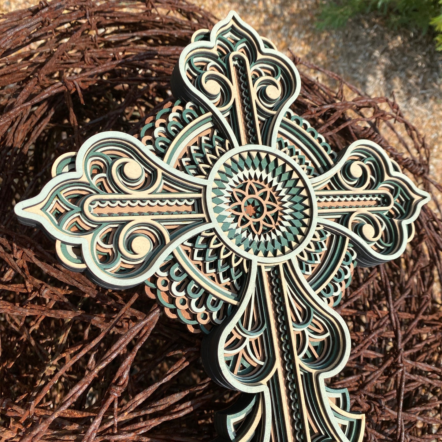 Green Mandala Wood Cross